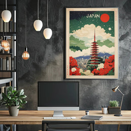 Japanese Pagoda Nightscape With Floral Elegance Cultural or Heritage Poster PosterGoat