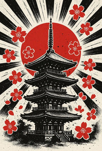 Japanese Pagoda & Cherry Blossoms Cultural Heritage Poster PosterGoat