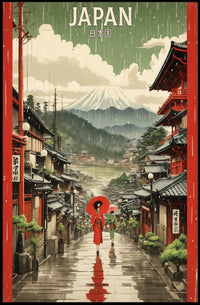 Japanese Street Scene with Mount Fuji Cultural or Heritage Poster PosterGoat