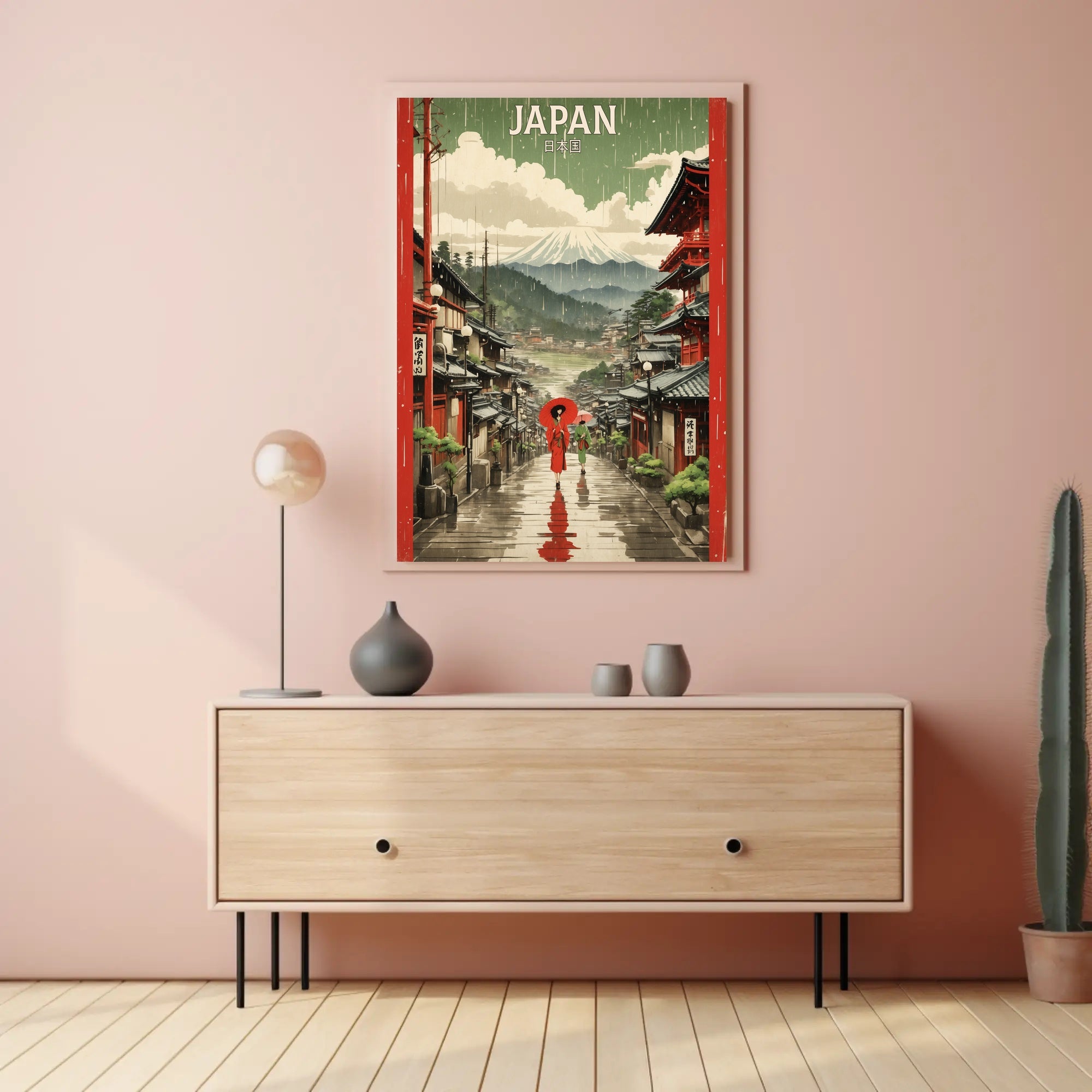 Japanese Street Scene with Mount Fuji Cultural or Heritage Poster PosterGoat
