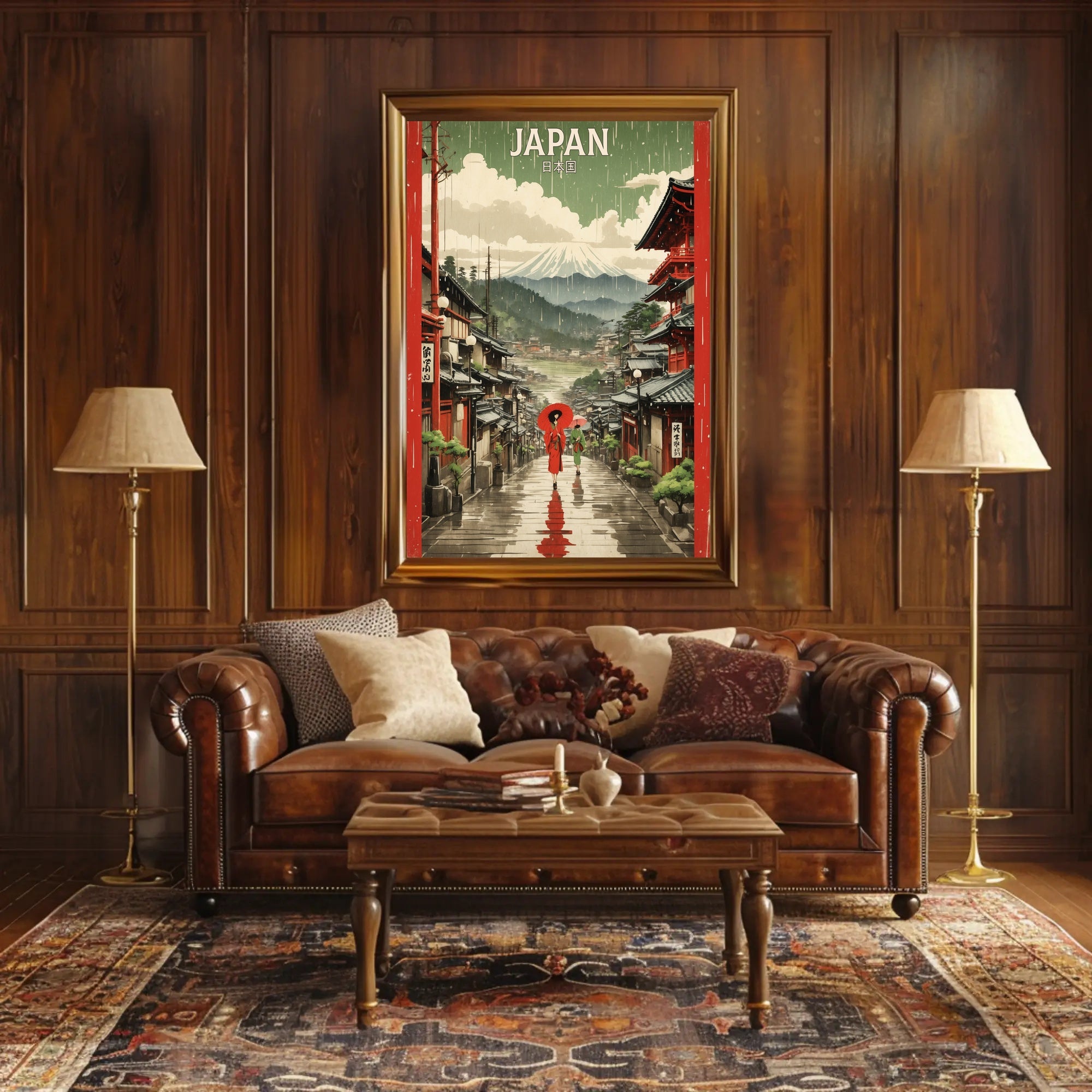 Japanese Street Scene with Mount Fuji Cultural or Heritage Poster PosterGoat