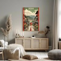 Japanese Street Scene with Mount Fuji Cultural or Heritage Poster PosterGoat