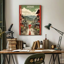 Japanese Street Scene with Mount Fuji Cultural or Heritage Poster PosterGoat