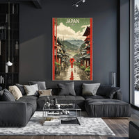 Japanese Street Scene with Mount Fuji Cultural or Heritage Poster PosterGoat