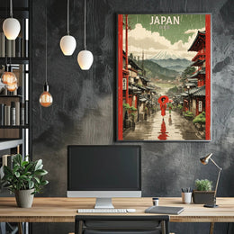 Japanese Street Scene with Mount Fuji Cultural or Heritage Poster PosterGoat