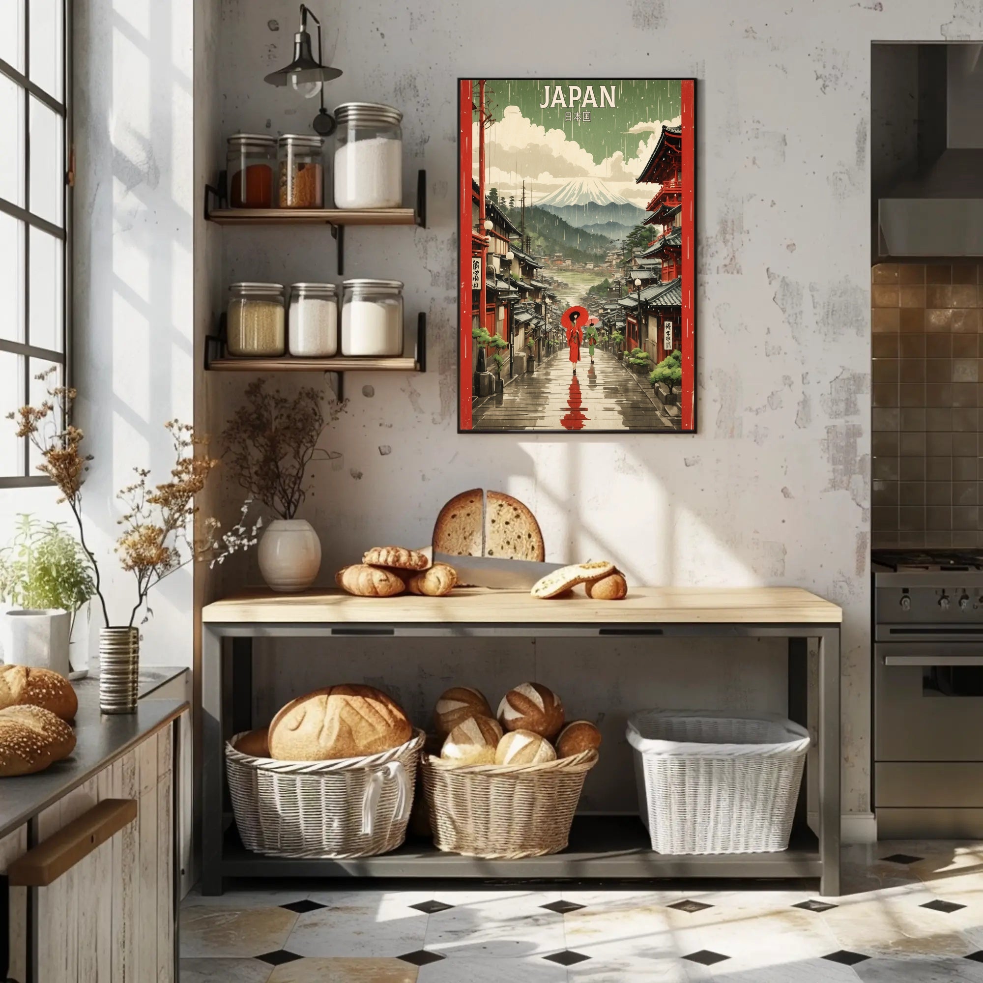 Japanese Street Scene with Mount Fuji Cultural or Heritage Poster PosterGoat