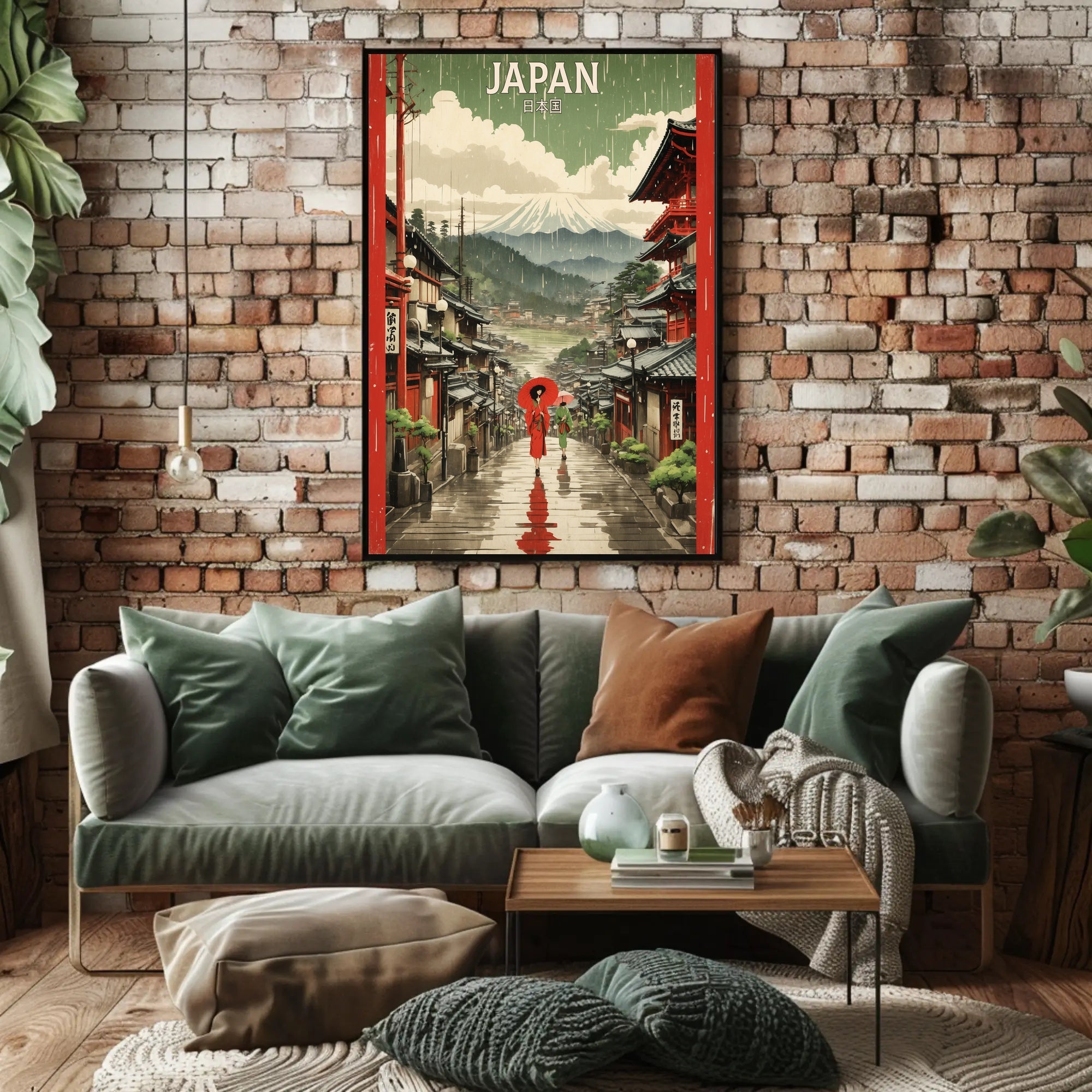 Japanese Street Scene with Mount Fuji Cultural or Heritage Poster PosterGoat