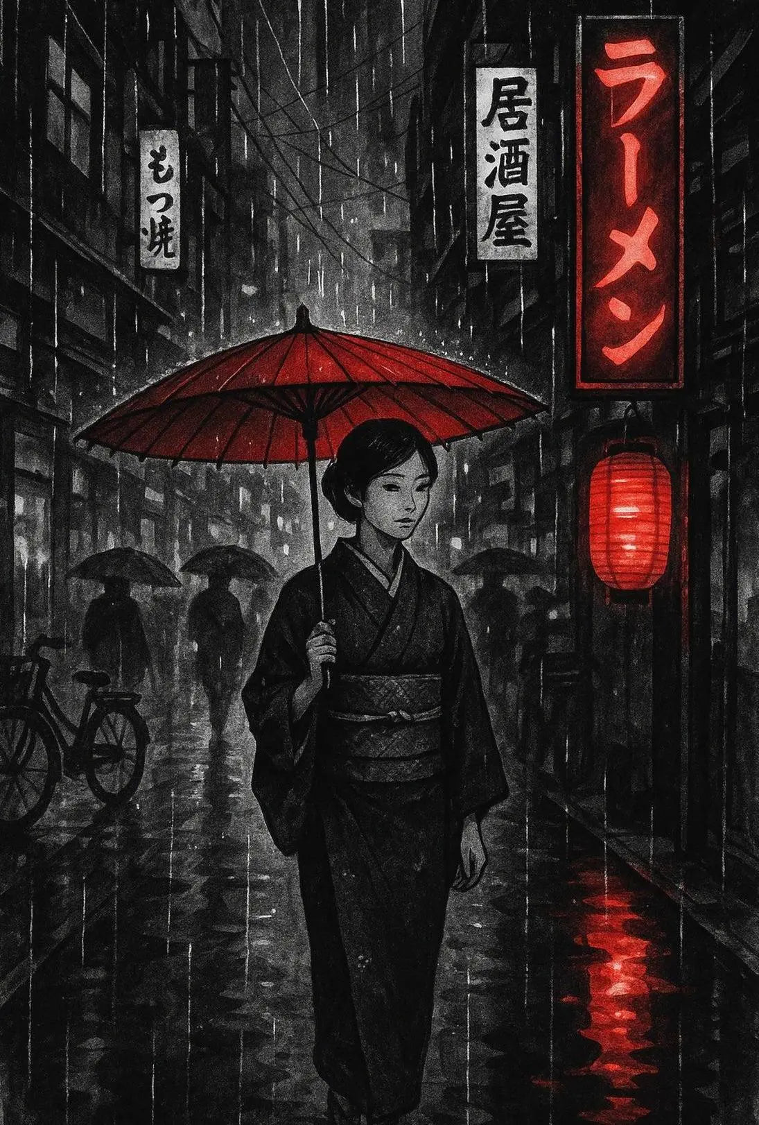 Japanese Street Scene with Rainy Noir Atmosphere Poster PosterGoat