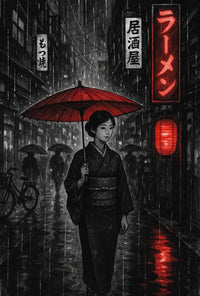 Japanese Street Scene with Rainy Noir Atmosphere Poster PosterGoat