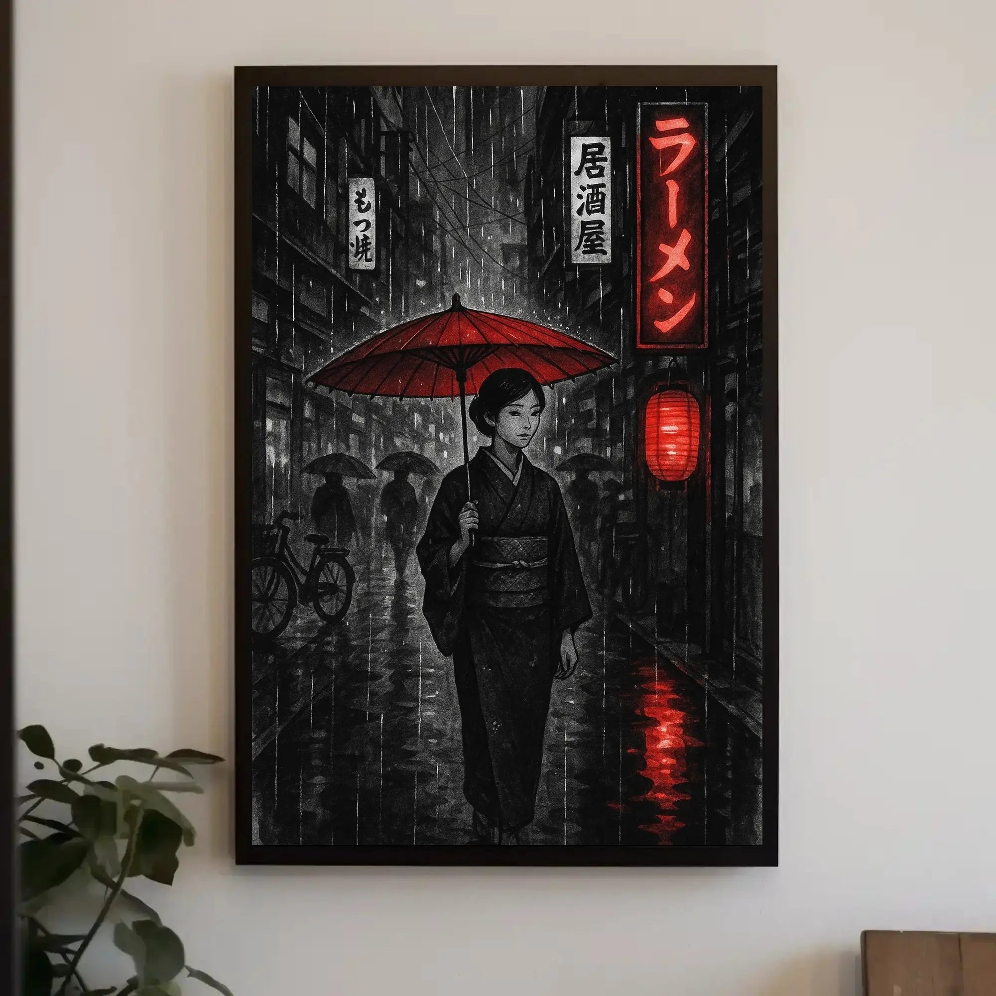 Japanese Street Scene with Rainy Noir Atmosphere Poster PosterGoat
