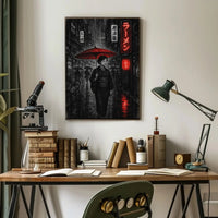 Japanese Street Scene with Rainy Noir Atmosphere Poster PosterGoat