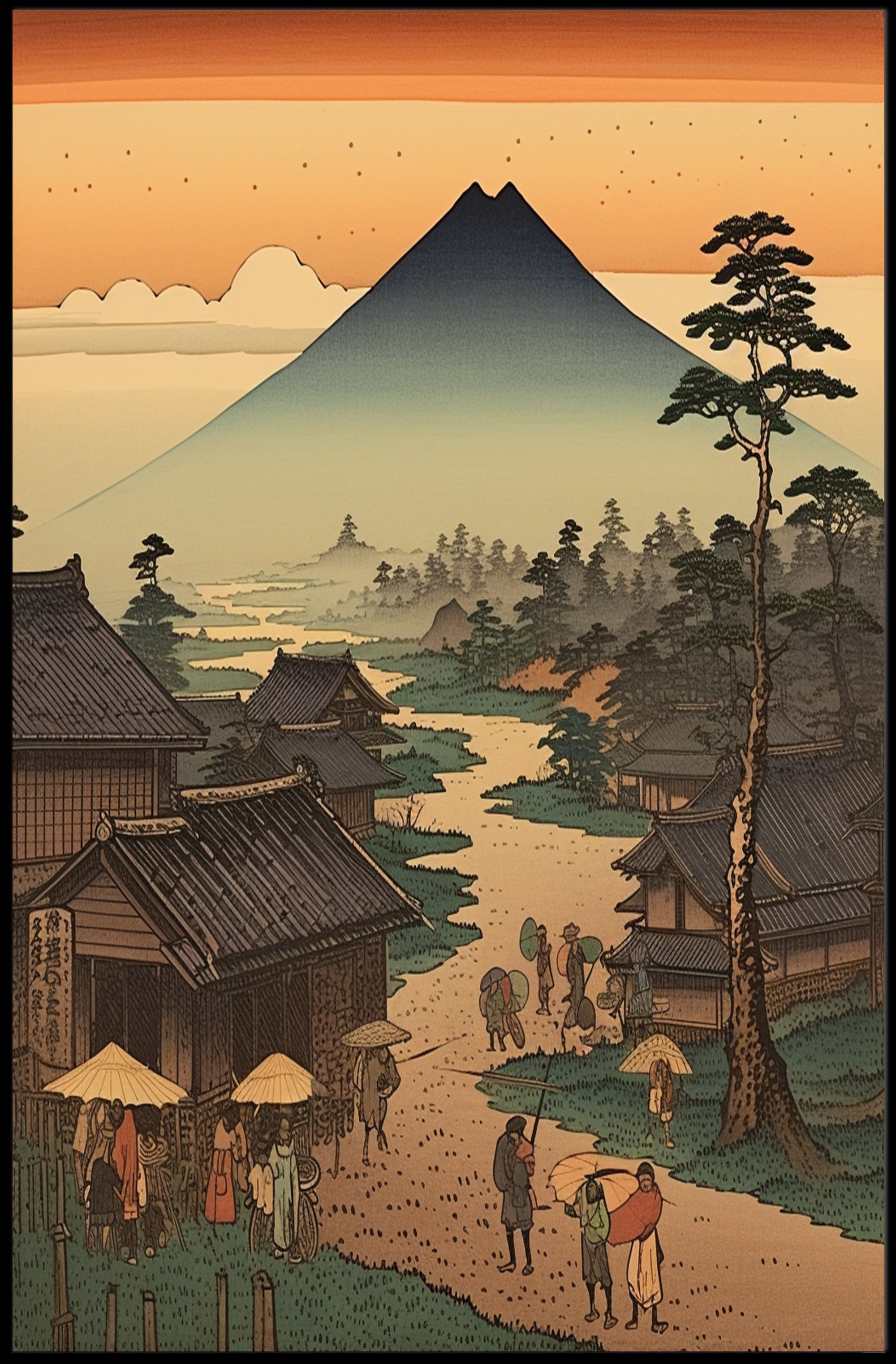 Japanese Ukiyo-e Landscape with Mount Fuji - Cultural or Heritage Poster PosterGoat