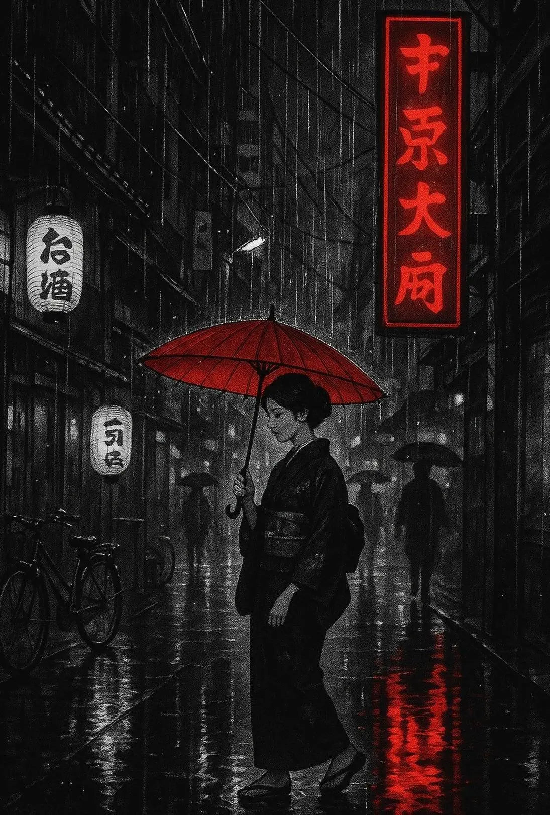 Japanese Urban Nightscape: Atmospheric Art Scene Cultural or Heritage Poster PosterGoat