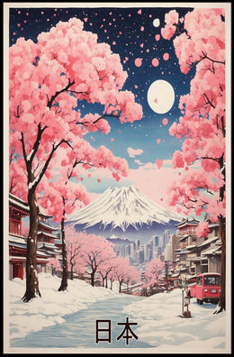 Japanese Winter Cherry Blossoms with Mount Fuji Landscape Poster PosterGoat