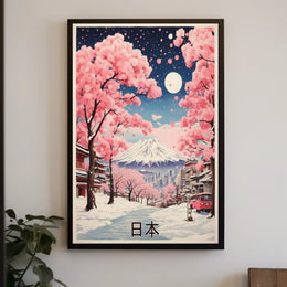 Japanese Winter Cherry Blossoms with Mount Fuji Landscape Poster PosterGoat