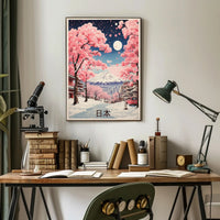 Japanese Winter Cherry Blossoms with Mount Fuji Landscape Poster PosterGoat