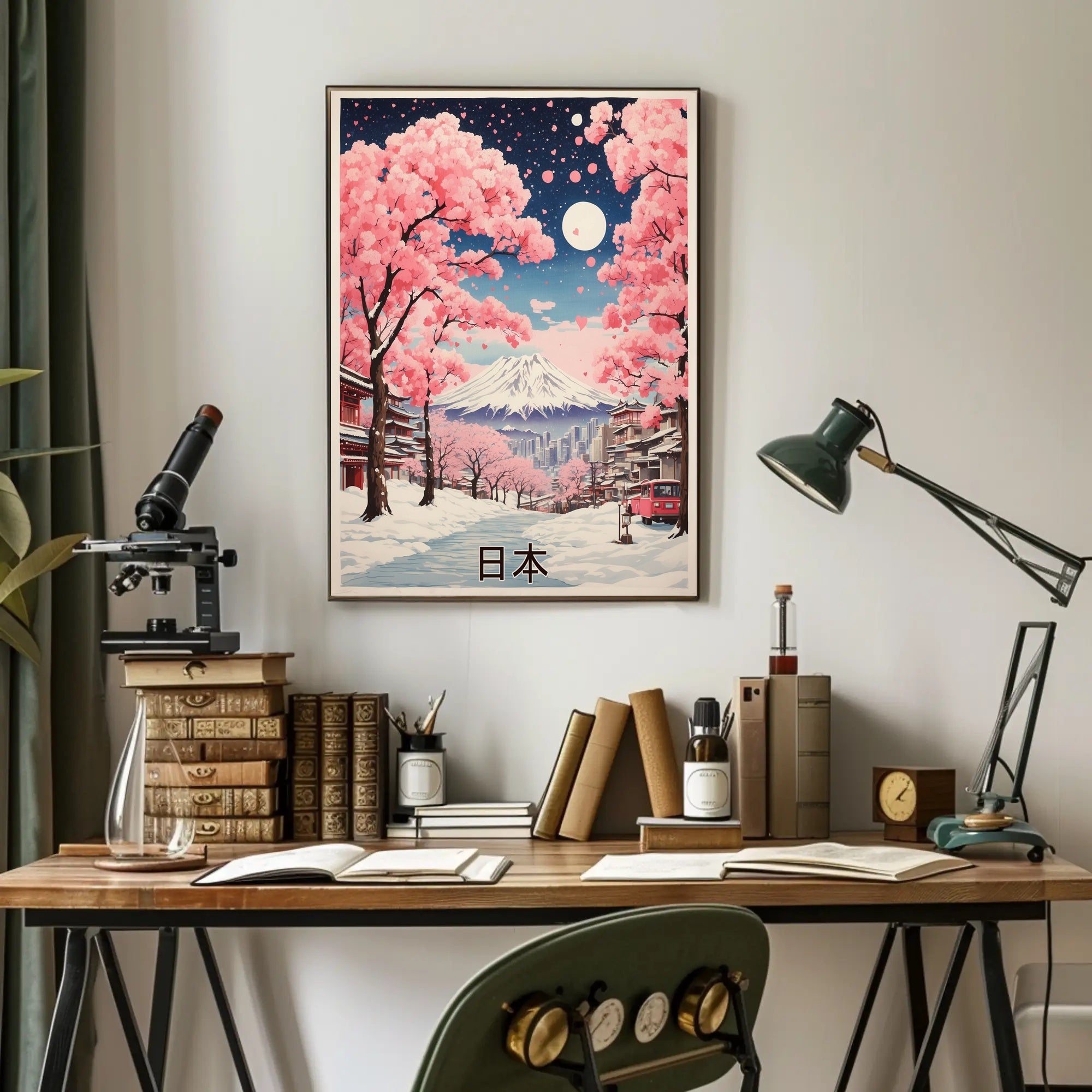 Japanese Winter Cherry Blossoms with Mount Fuji Landscape Poster PosterGoat