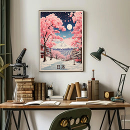 Japanese Winter Cherry Blossoms with Mount Fuji Landscape Poster PosterGoat