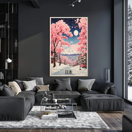 Japanese Winter Cherry Blossoms with Mount Fuji Landscape Poster PosterGoat