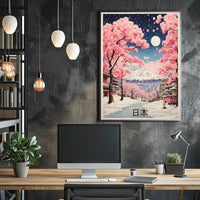 Japanese Winter Cherry Blossoms with Mount Fuji Landscape Poster PosterGoat
