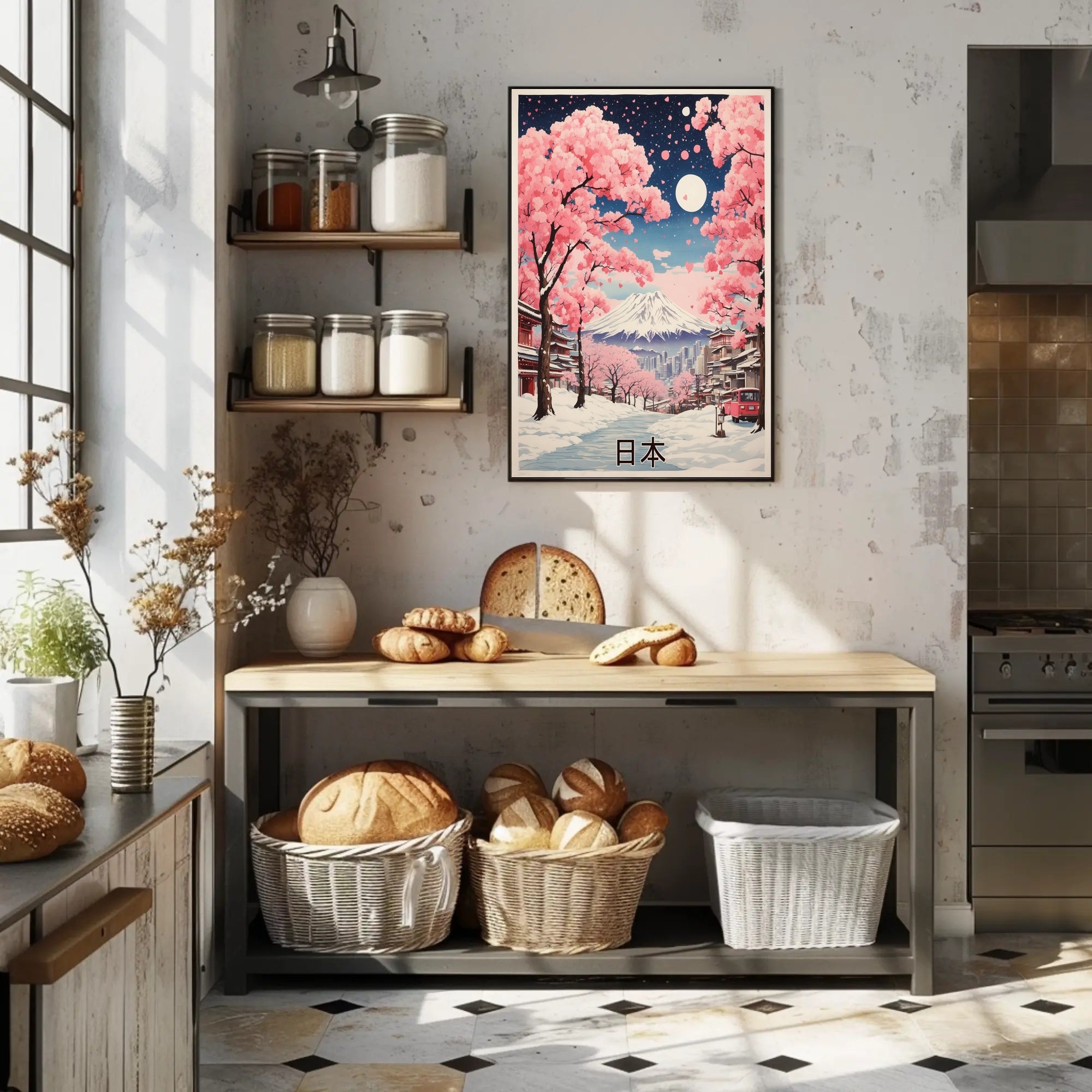 Japanese Winter Cherry Blossoms with Mount Fuji Landscape Poster PosterGoat