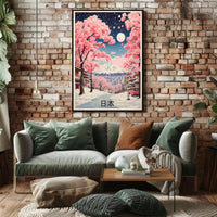 Japanese Winter Cherry Blossoms with Mount Fuji Landscape Poster PosterGoat
