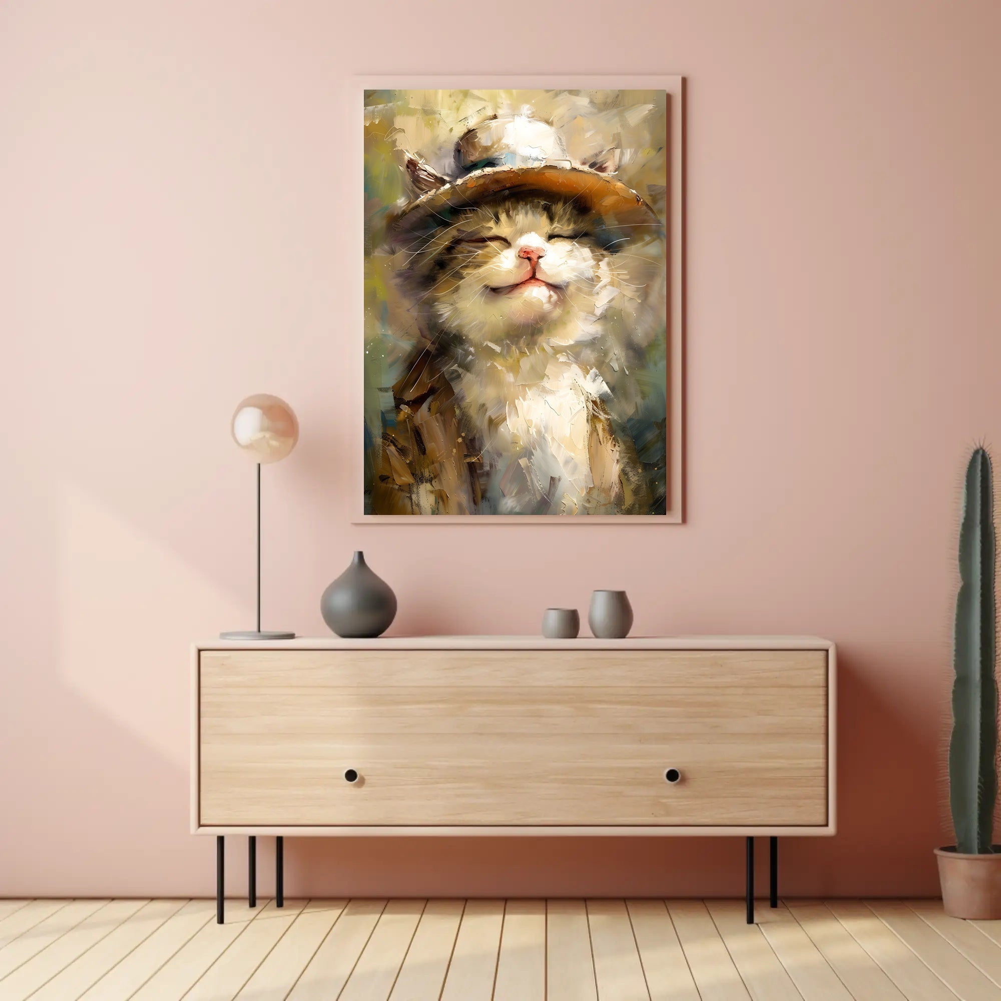 Joyful Cat in Hat Artistic Animal Poster PosterGoat