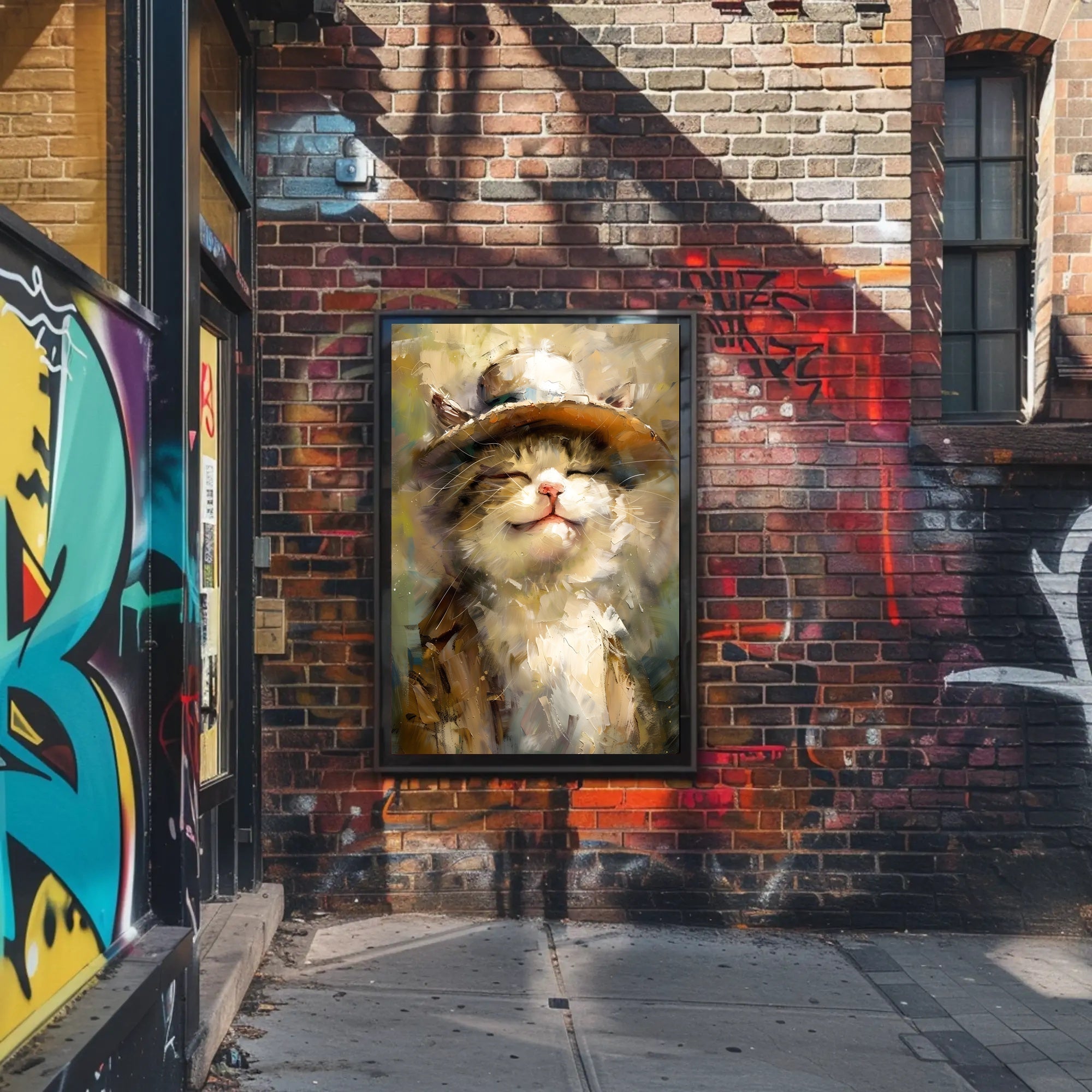 Joyful Cat in Hat Artistic Animal Poster PosterGoat