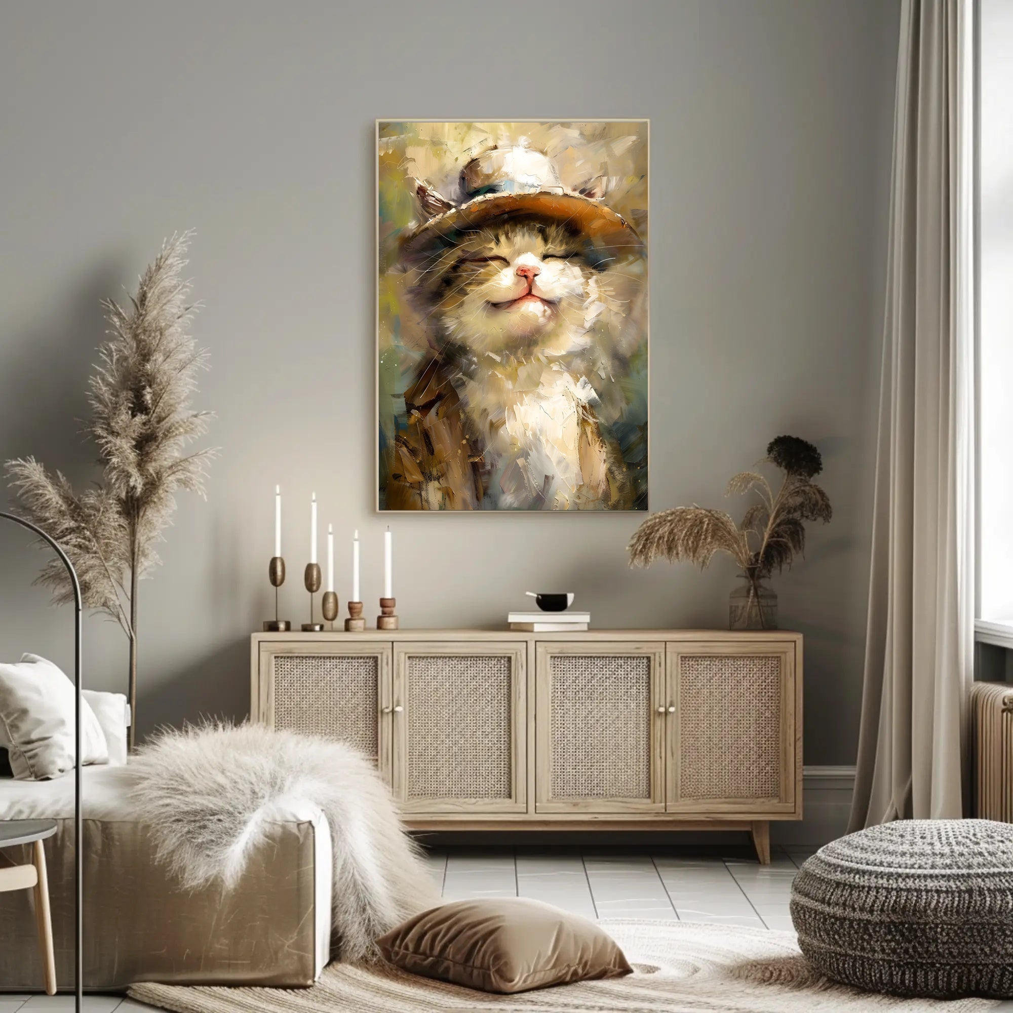 Joyful Cat in Hat Artistic Animal Poster PosterGoat
