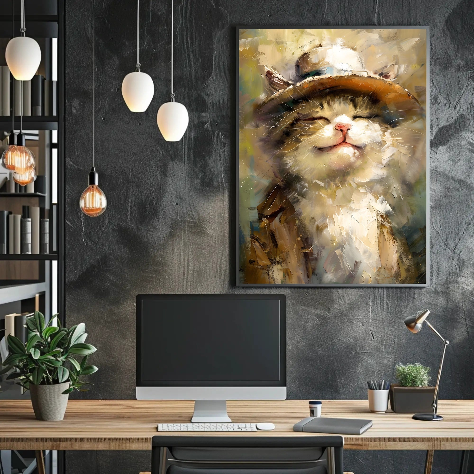 Joyful Cat in Hat Artistic Animal Poster PosterGoat