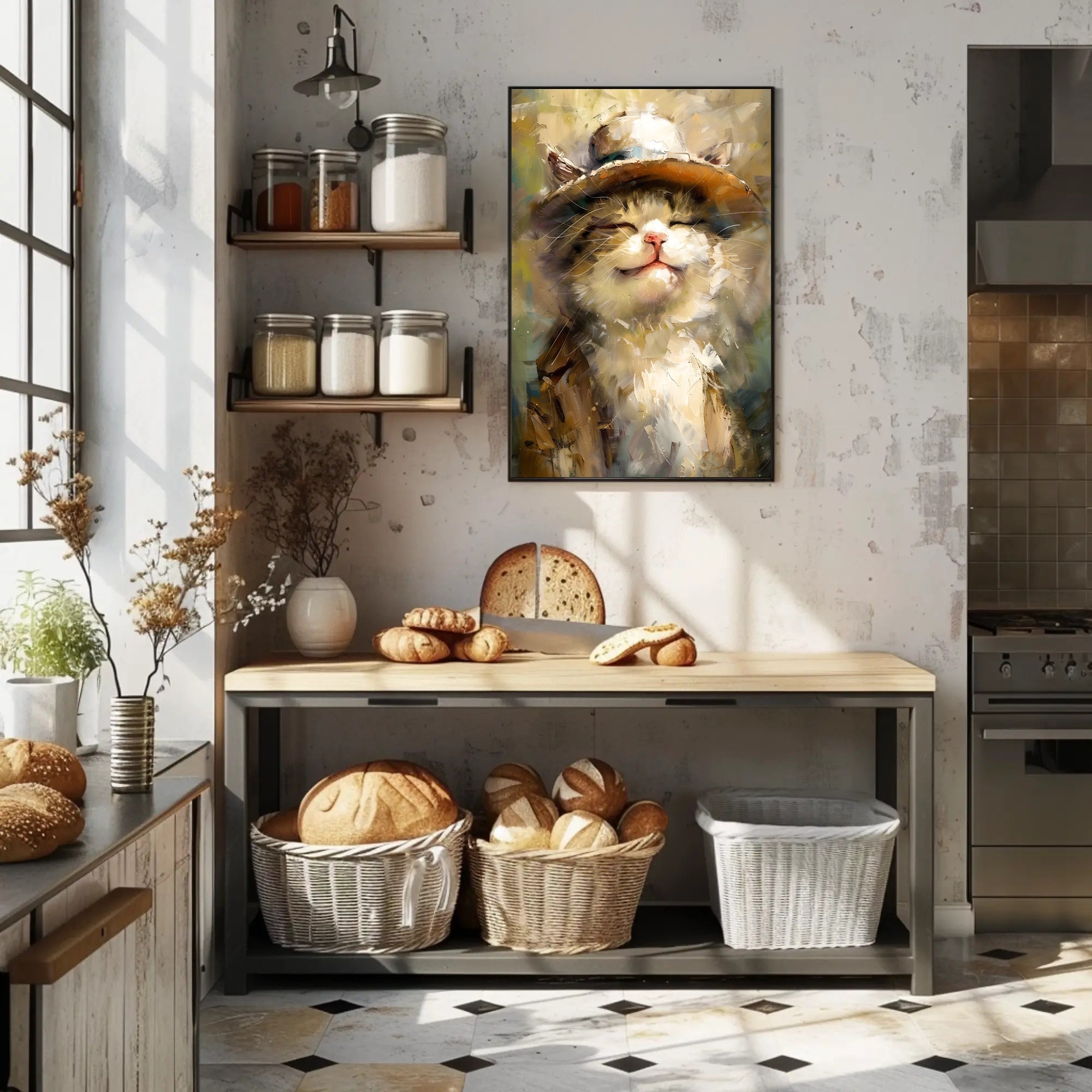 Joyful Cat in Hat Artistic Animal Poster PosterGoat