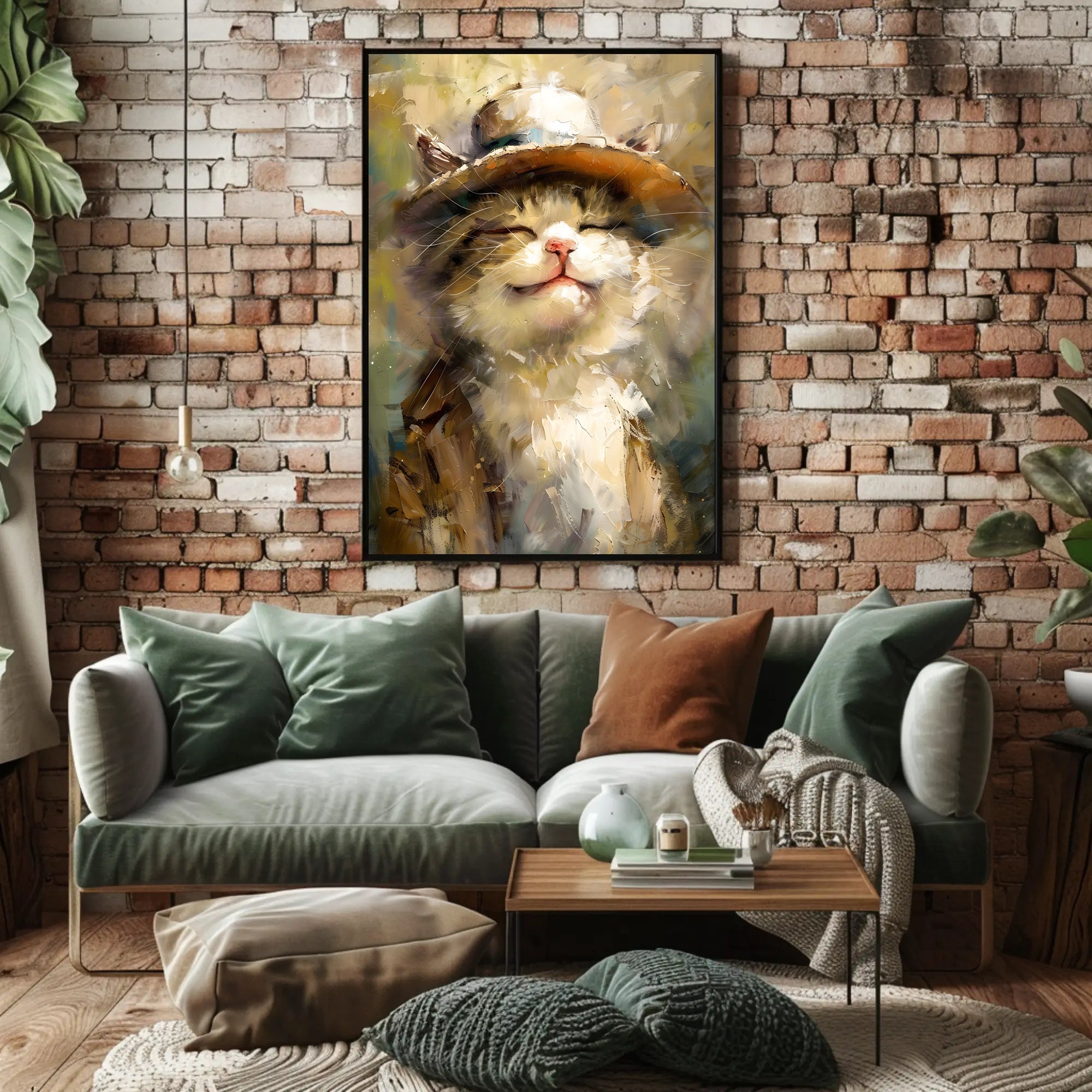 Joyful Cat in Hat Artistic Animal Poster PosterGoat