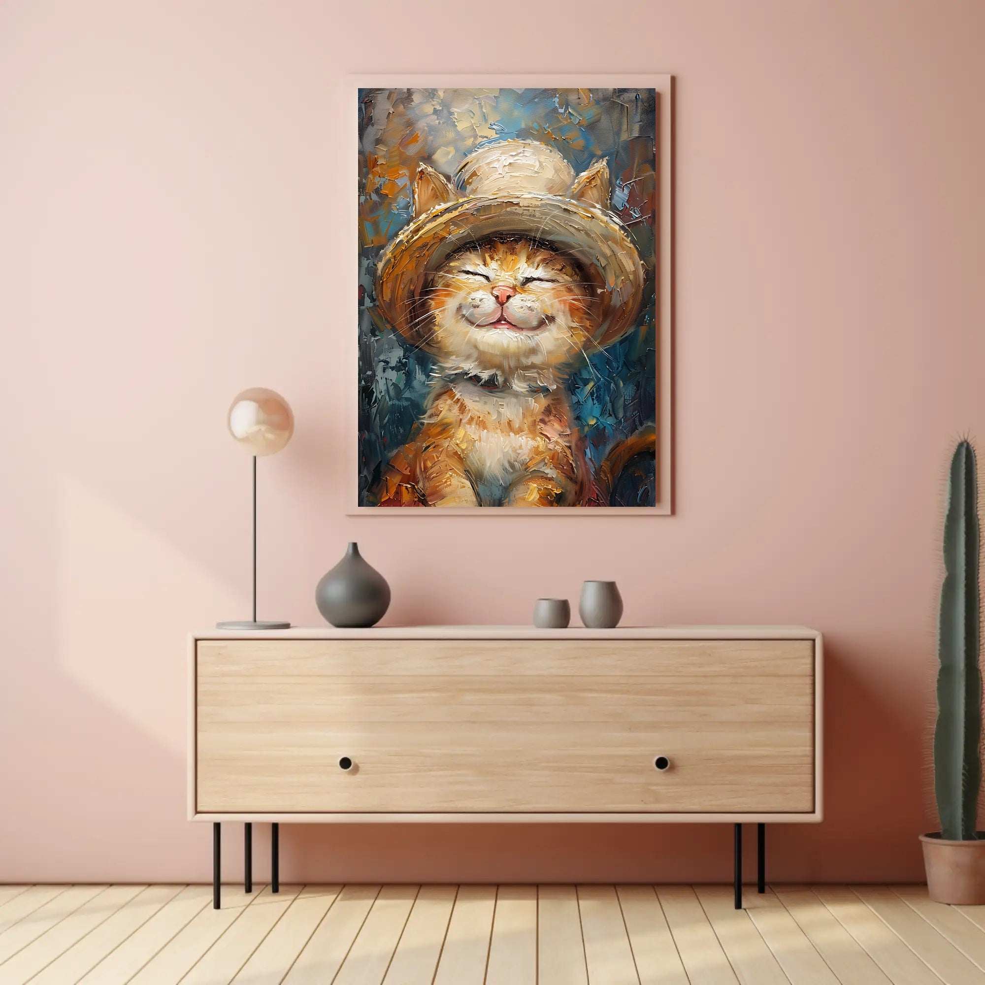 Joyful Cat in Hat: Whimsical Animal Poster PosterGoat