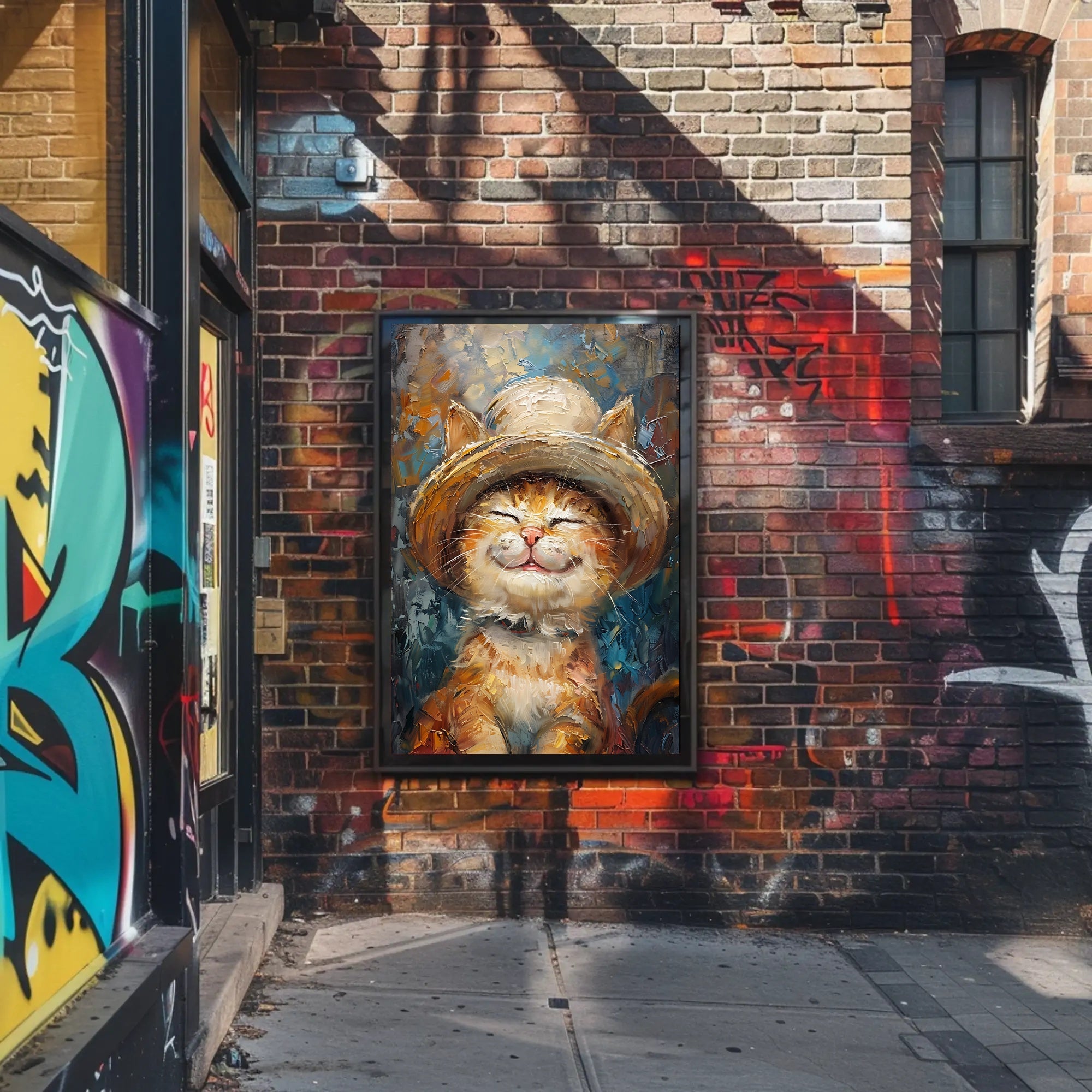 Joyful Cat in Hat: Whimsical Animal Poster PosterGoat