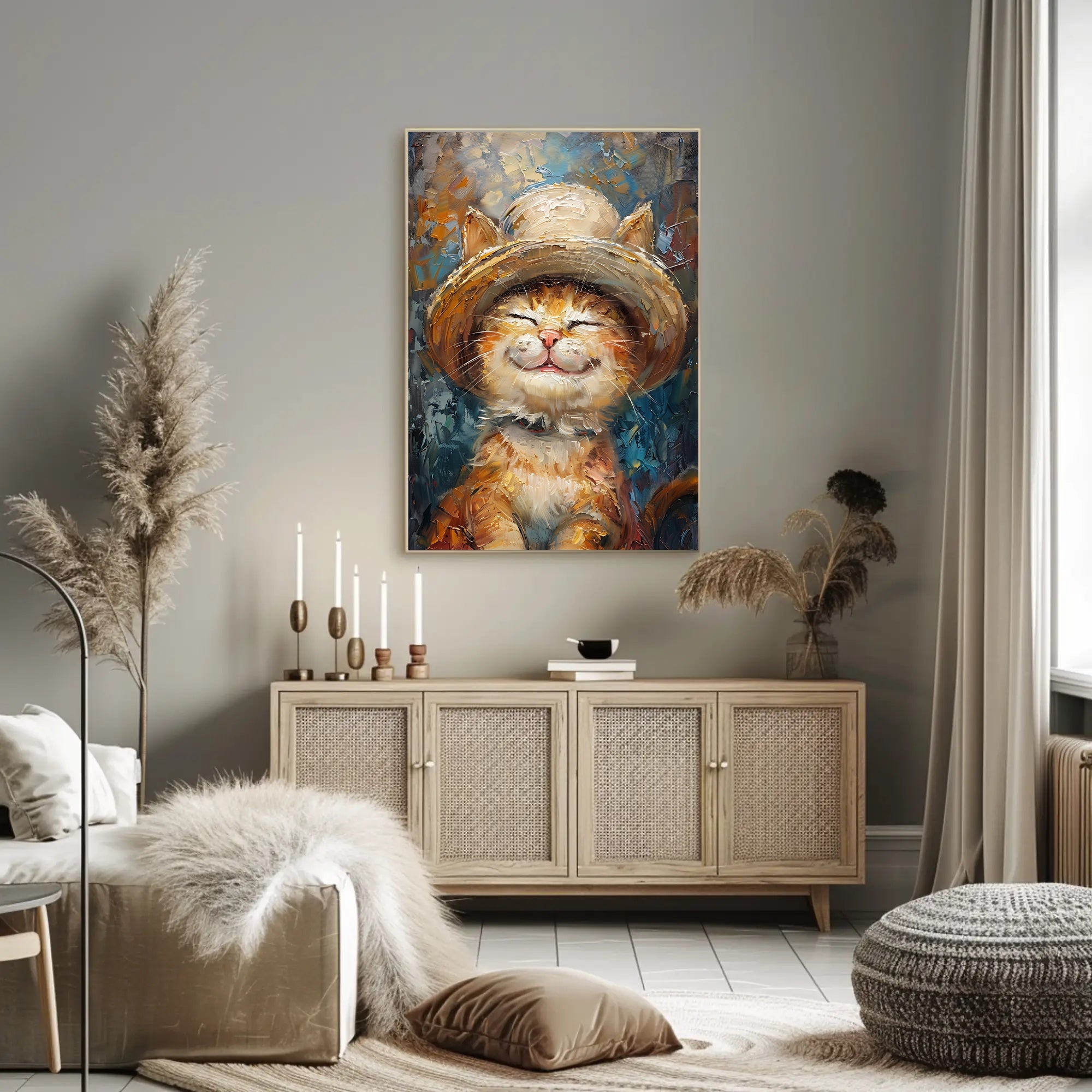 Joyful Cat in Hat: Whimsical Animal Poster PosterGoat