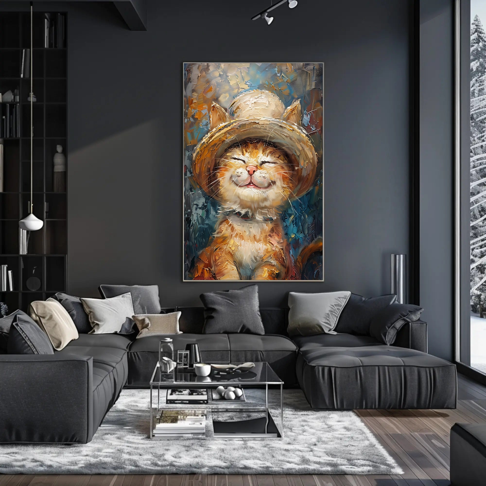 Joyful Cat in Hat: Whimsical Animal Poster PosterGoat