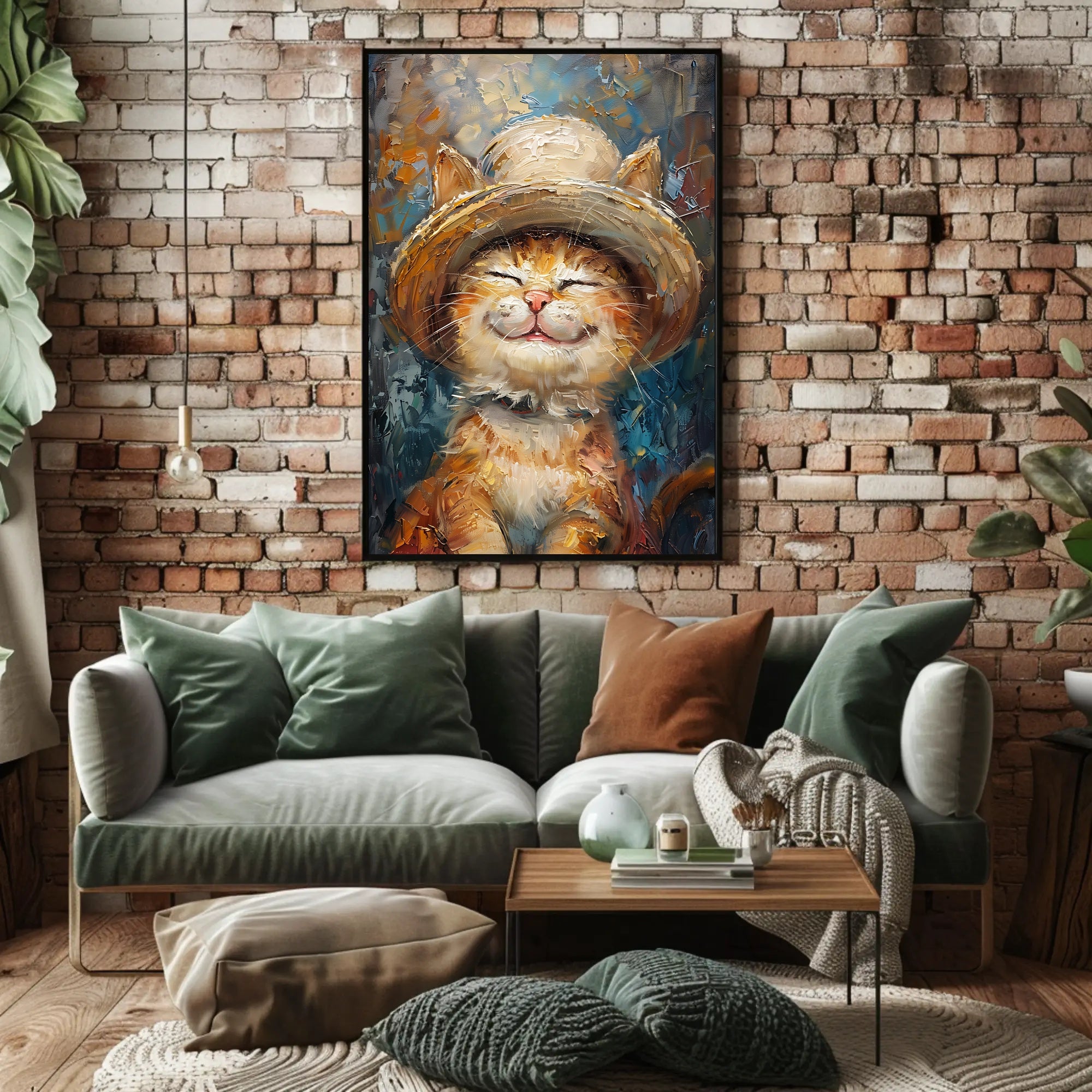 Joyful Cat in Hat: Whimsical Animal Poster PosterGoat