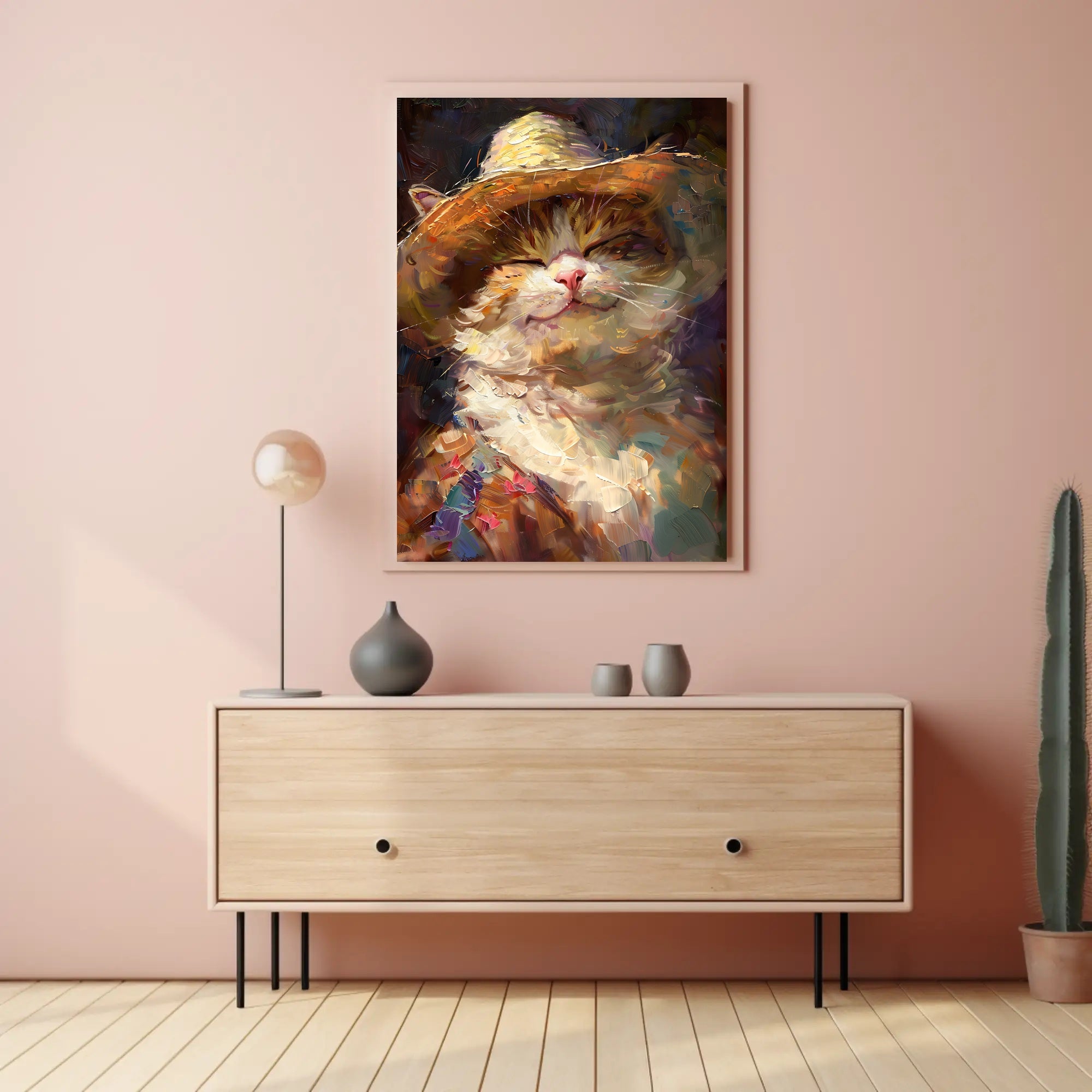 Joyful Cat in Straw Hat Animal Poster PosterGoat