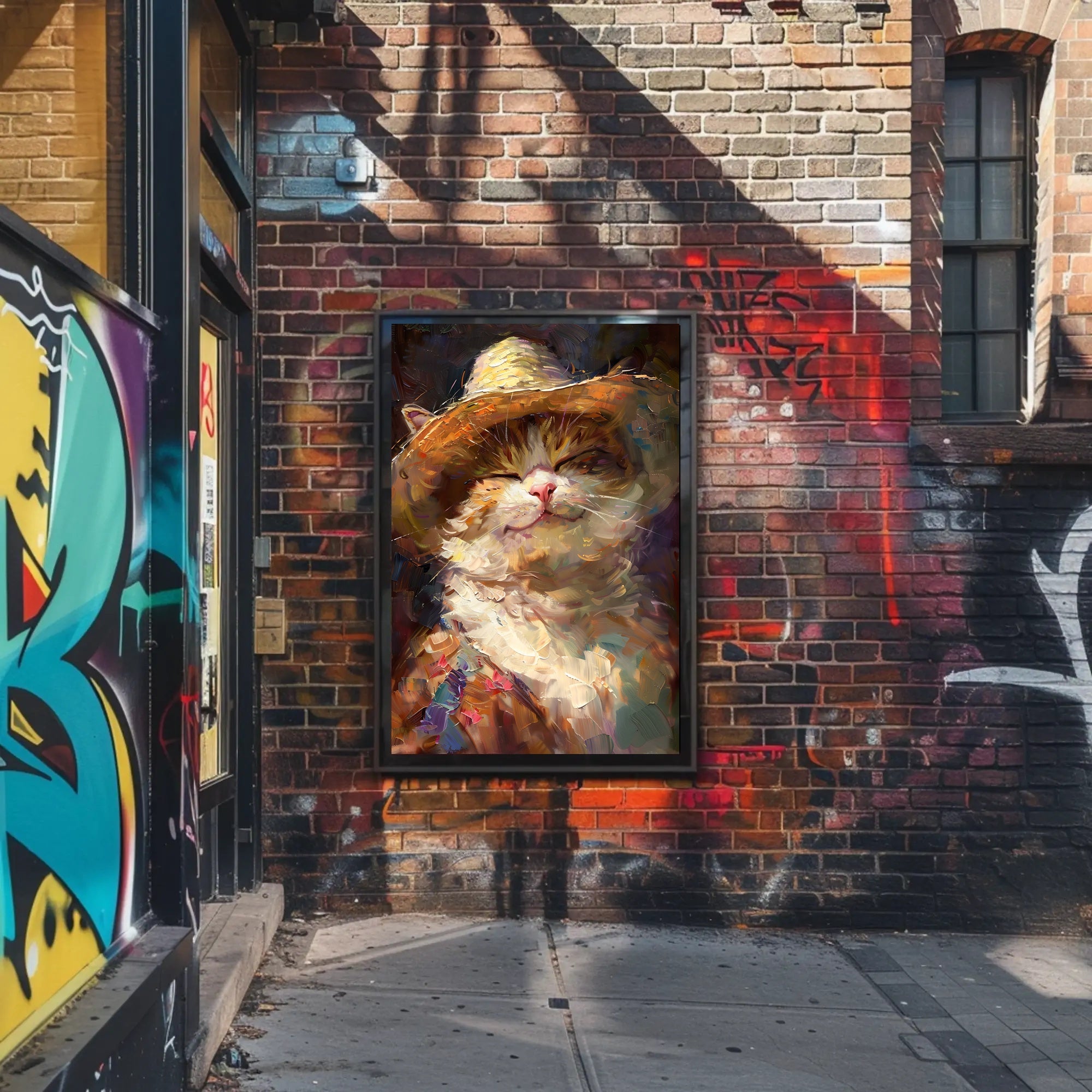 Joyful Cat in Straw Hat Animal Poster PosterGoat