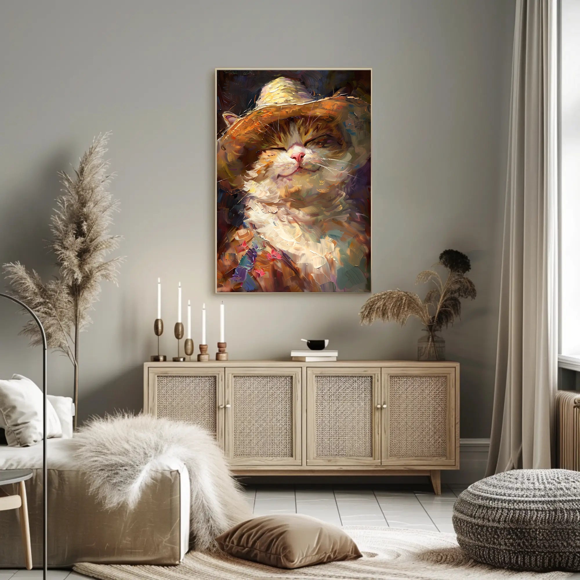 Joyful Cat in Straw Hat Animal Poster PosterGoat