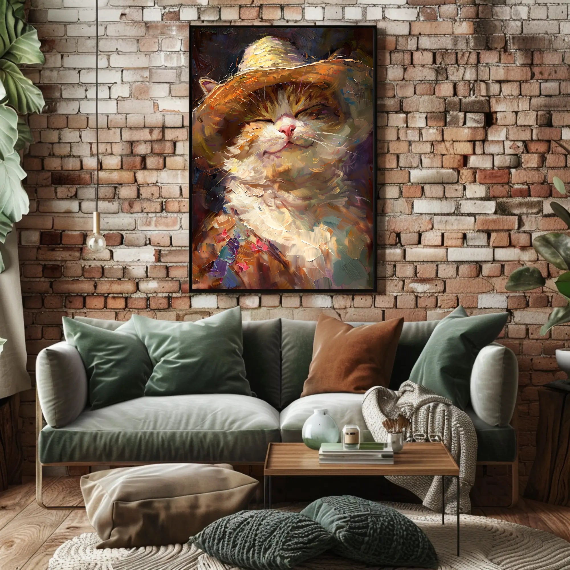 Joyful Cat in Straw Hat Animal Poster PosterGoat