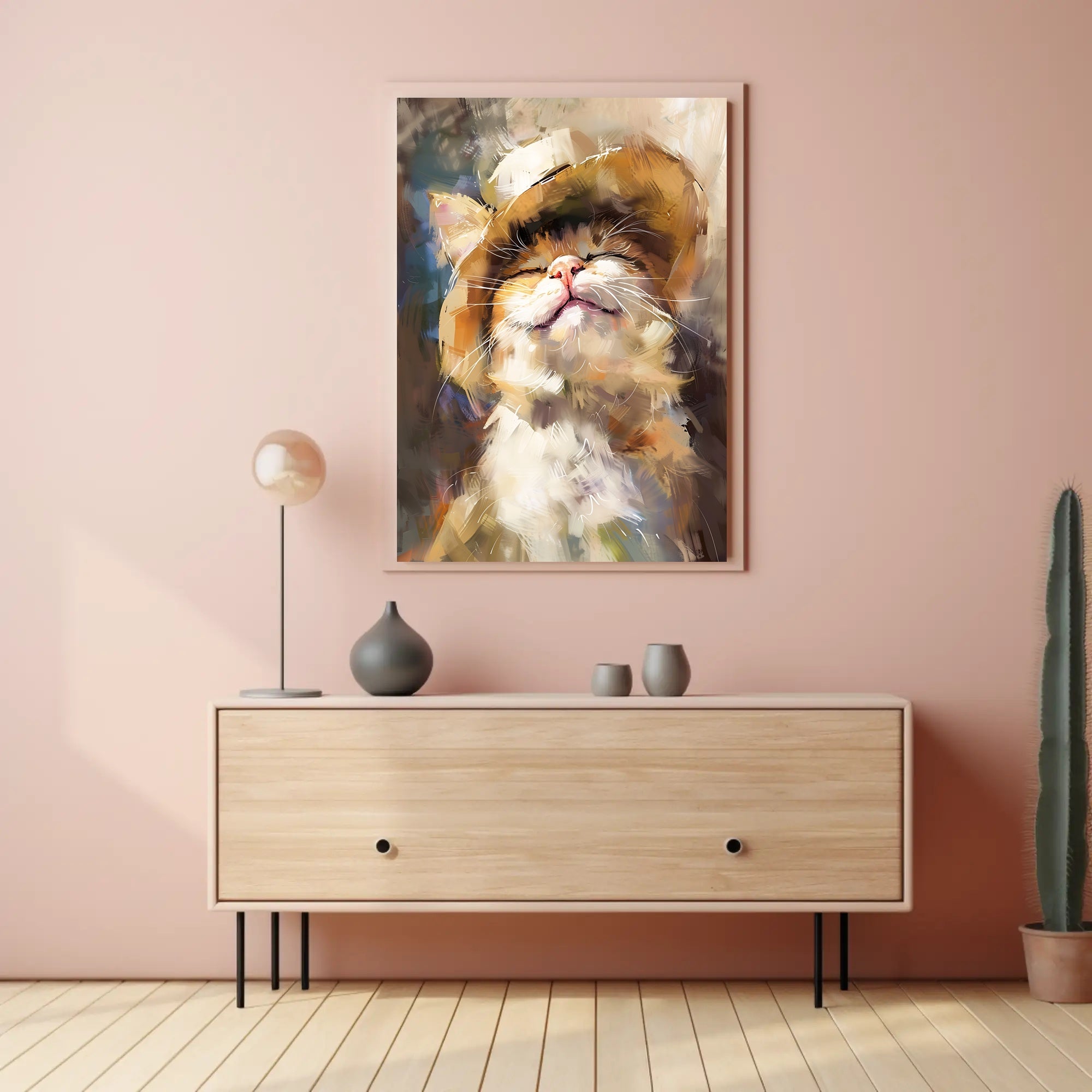 Joyful Cat in Straw Hat Artistic Animal Poster PosterGoat