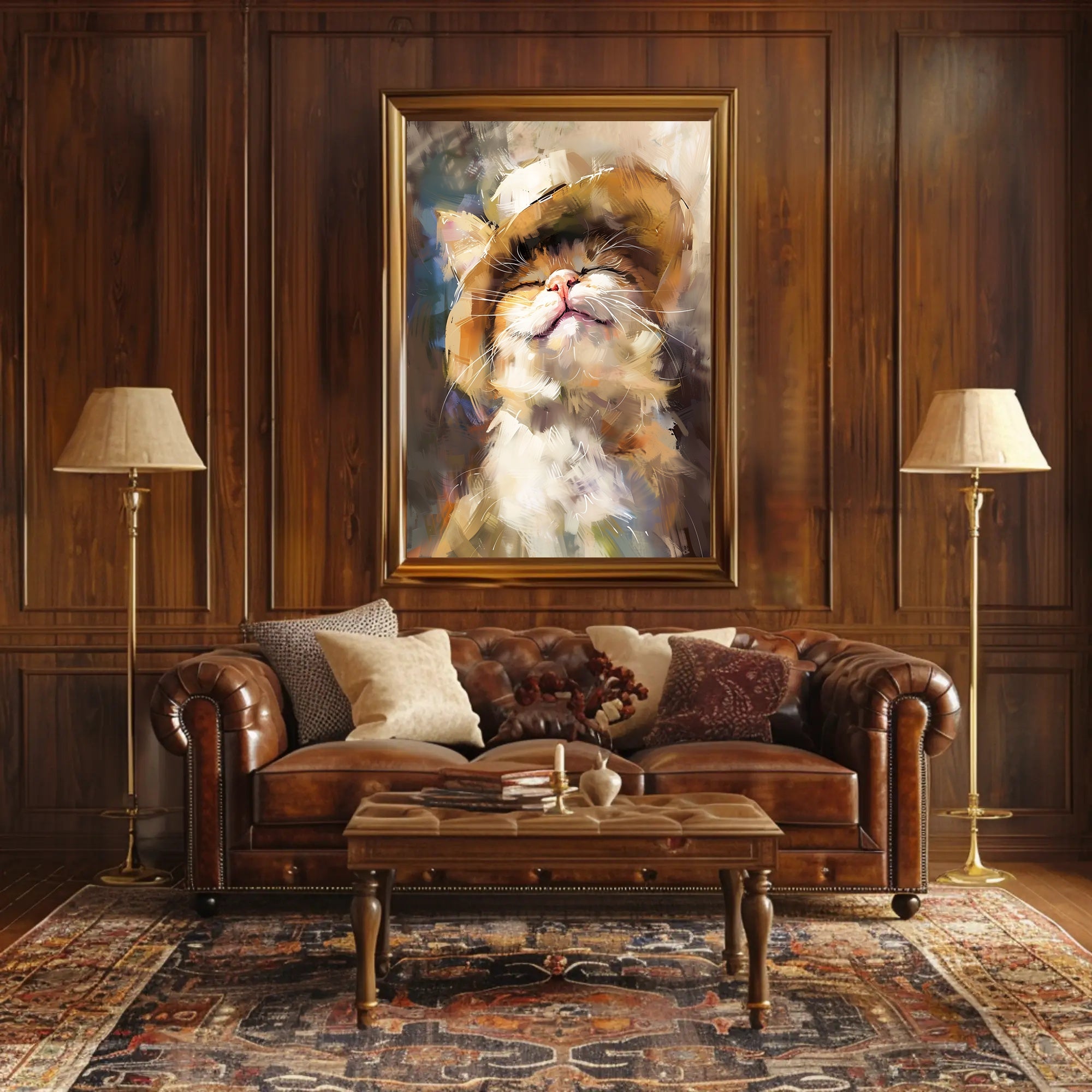 Joyful Cat in Straw Hat Artistic Animal Poster PosterGoat