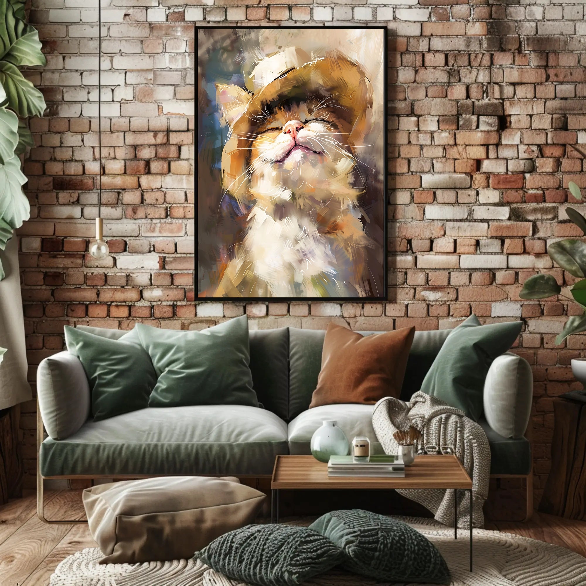 Joyful Cat in Straw Hat Artistic Animal Poster PosterGoat