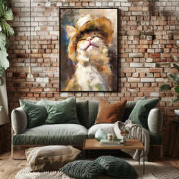 Joyful Cat in Straw Hat Artistic Animal Poster PosterGoat
