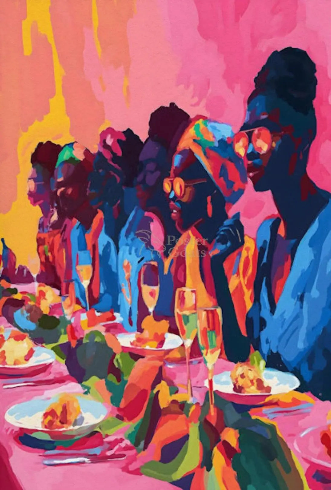 Joyful Celebration Dining Scene Abstract Artistic Poster PosterGoat