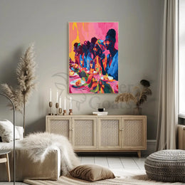 Joyful Celebration Dining Scene Abstract Artistic Poster PosterGoat