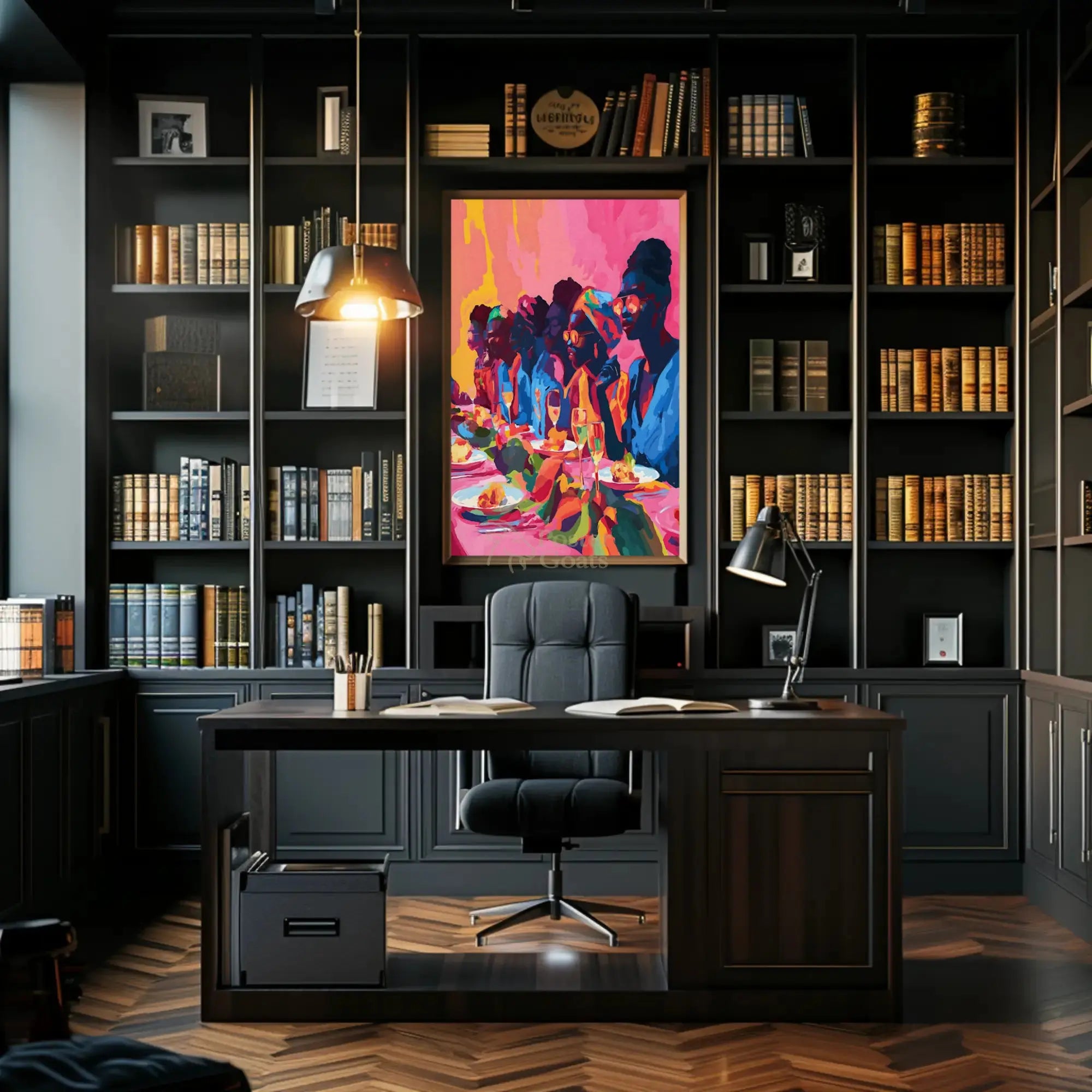 Joyful Celebration Dining Scene Abstract Artistic Poster PosterGoat