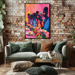 Joyful Celebration Dining Scene Abstract Artistic Poster PosterGoat