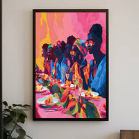 Joyful Celebration Dining Scene Abstract Artistic Poster PosterGoat
